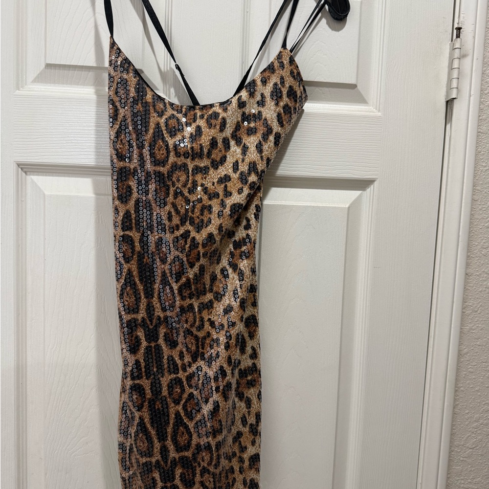 Sequence leopard print spaghetti strap dress